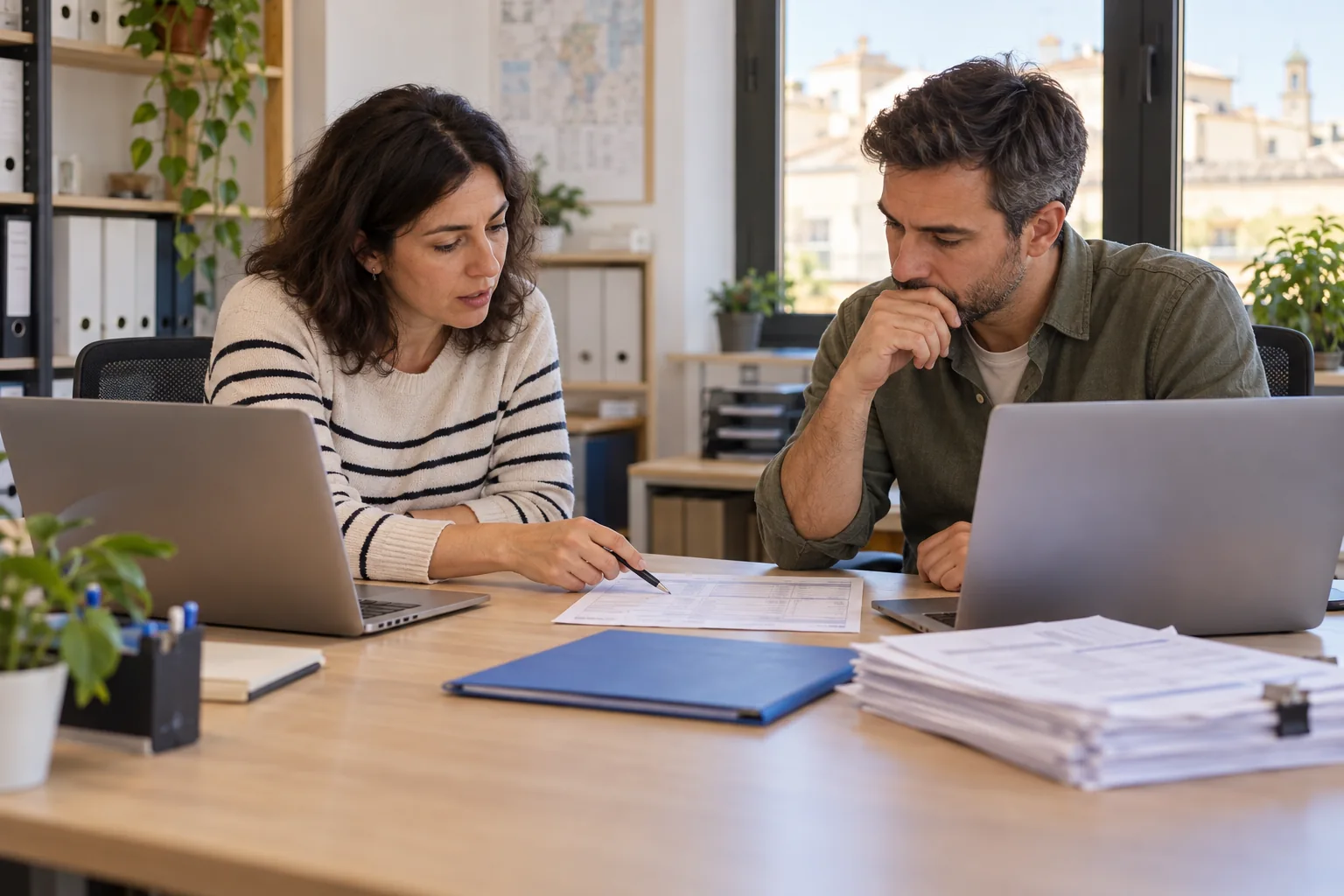 Two fictional colleagues with laptops compare a paper record beside a blue folder