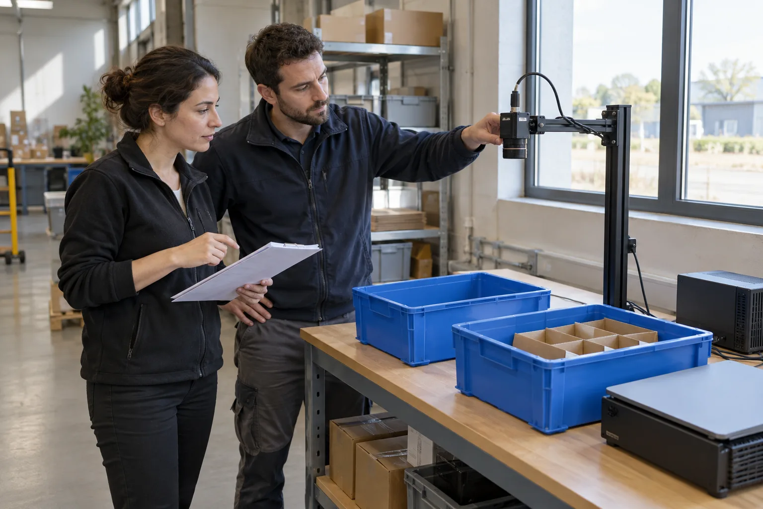 Dos profesionales ficticios revisan el encuadre de una cámara sobre cajas azules en una mesa de preparación