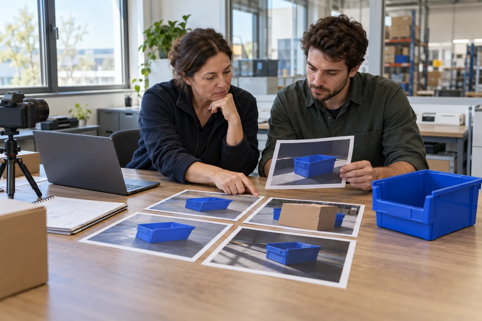 Dos profesionales ficticios comparan fotografías de una caja azul con distinta iluminación y parcialmente tapada, junto a una caja de muestra
