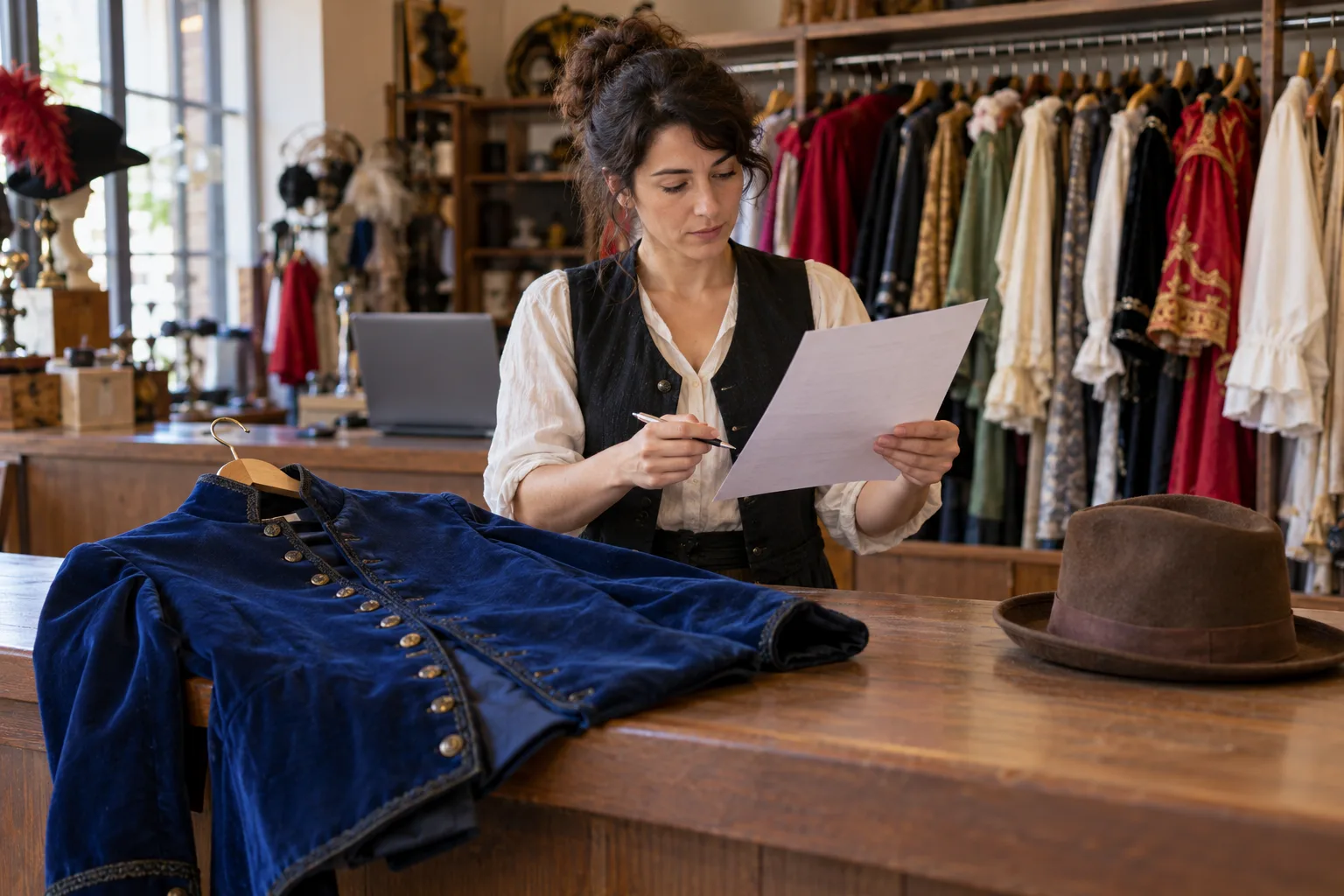 Encargada revisando una lista junto a una chaqueta azul y un sombrero en una tienda de alquiler de vestuario