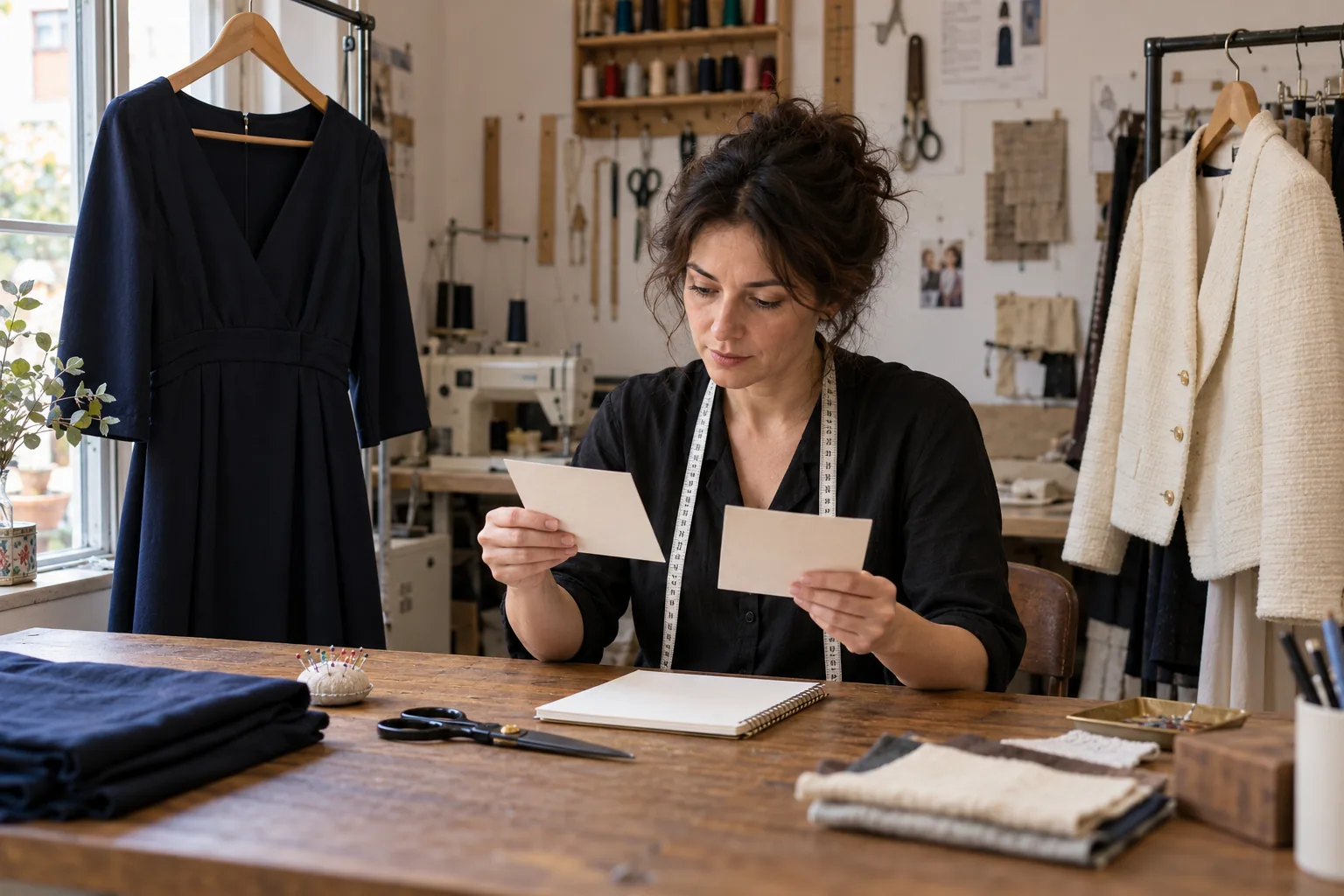 Profesional de arreglos comparando dos fichas junto a un vestido azul y una chaqueta crema