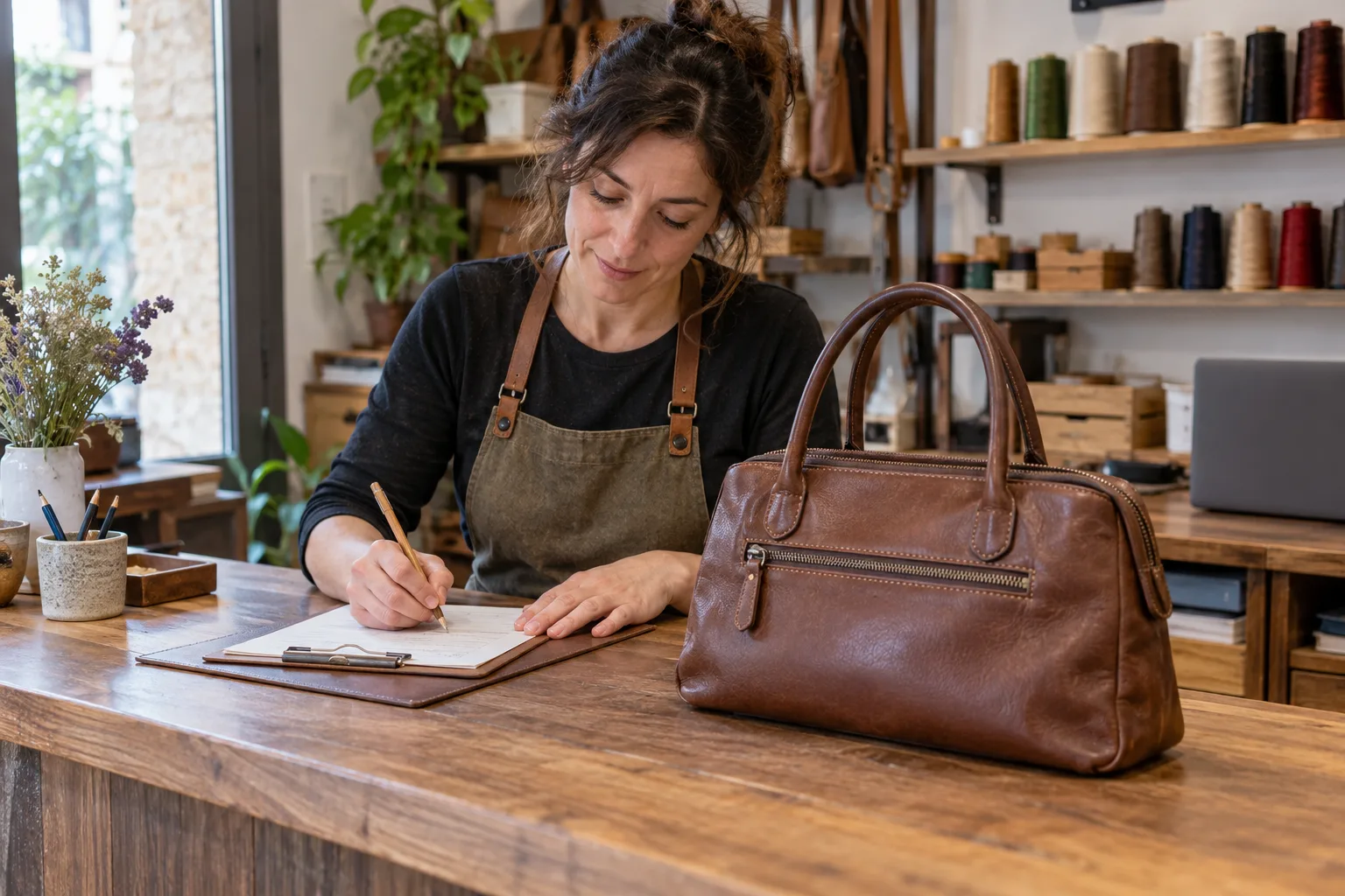 Artesana anotando una consulta junto a un bolso marrón en un taller de reparación