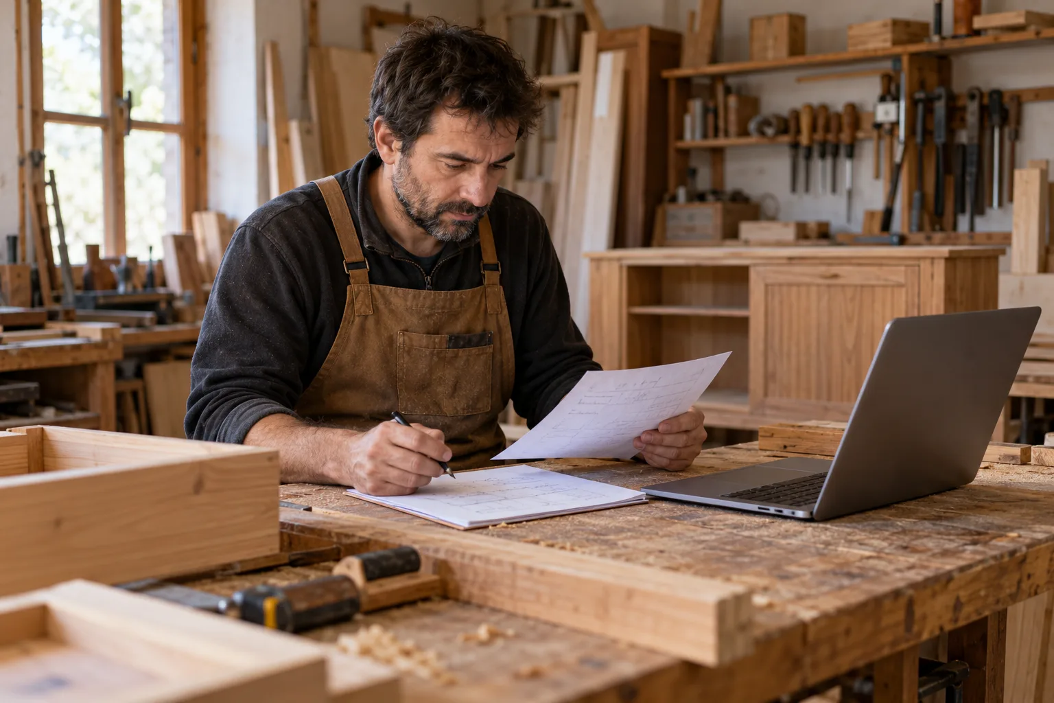 Carpintero revisando una solicitud de mueble junto a un portátil en un taller de madera