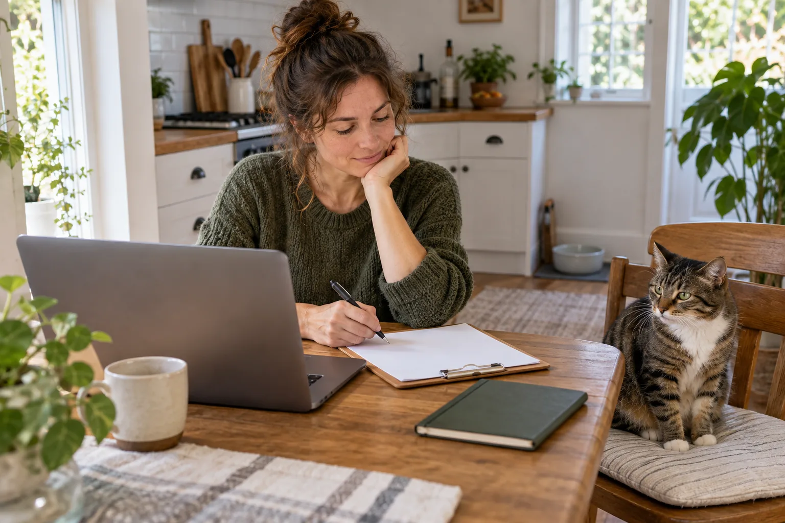 Fictional pet sitter reviewing a visit sheet beside a laptop and a relaxed cat on a chair