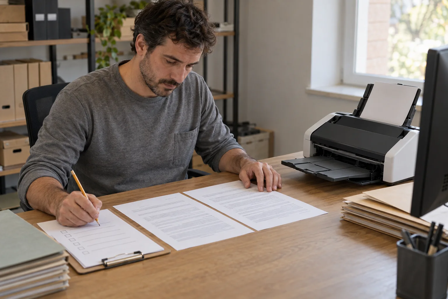 Profesional ficticio de digitalización compara dos hojas junto a un escáner de documentos y una lista de revisión