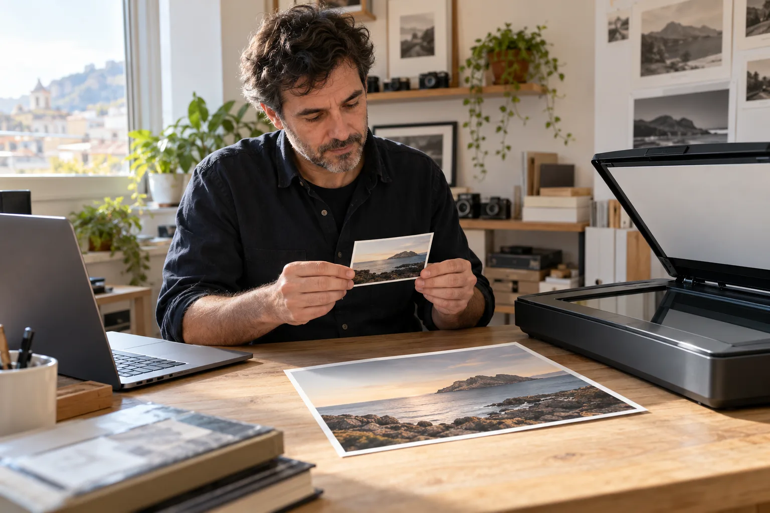 Profesional de digitalización sujetando una fotografía de paisaje junto a una copia mayor y un escáner abierto