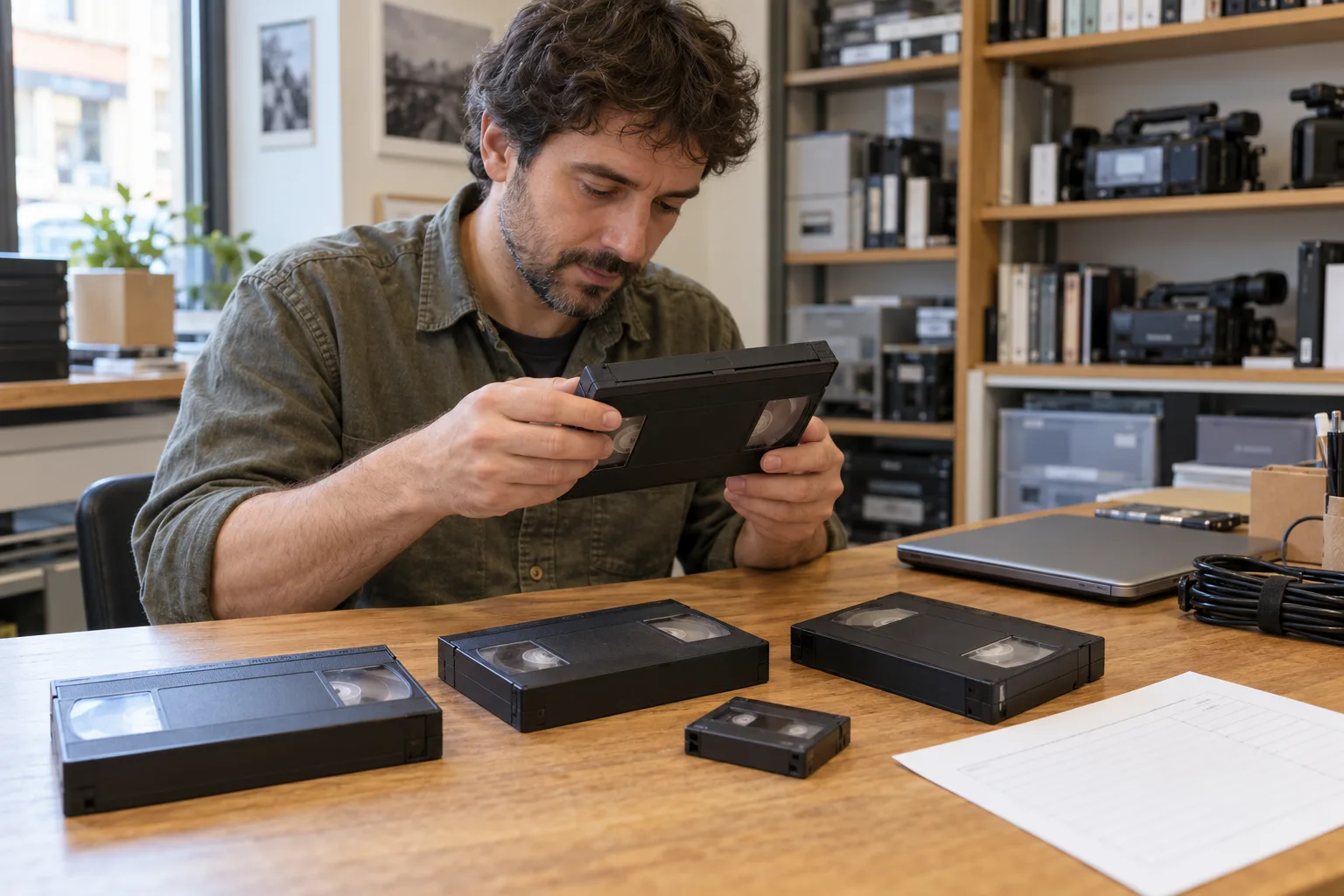 Técnico examinando una videocinta cerrada junto a otras cintas y una ficha en un estudio de vídeo