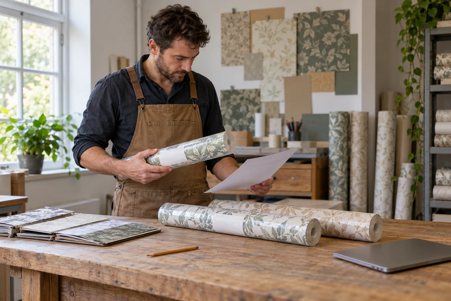 Empapelador comparando un rollo de papel pintado y una hoja junto a un muestrario y un portátil cerrado