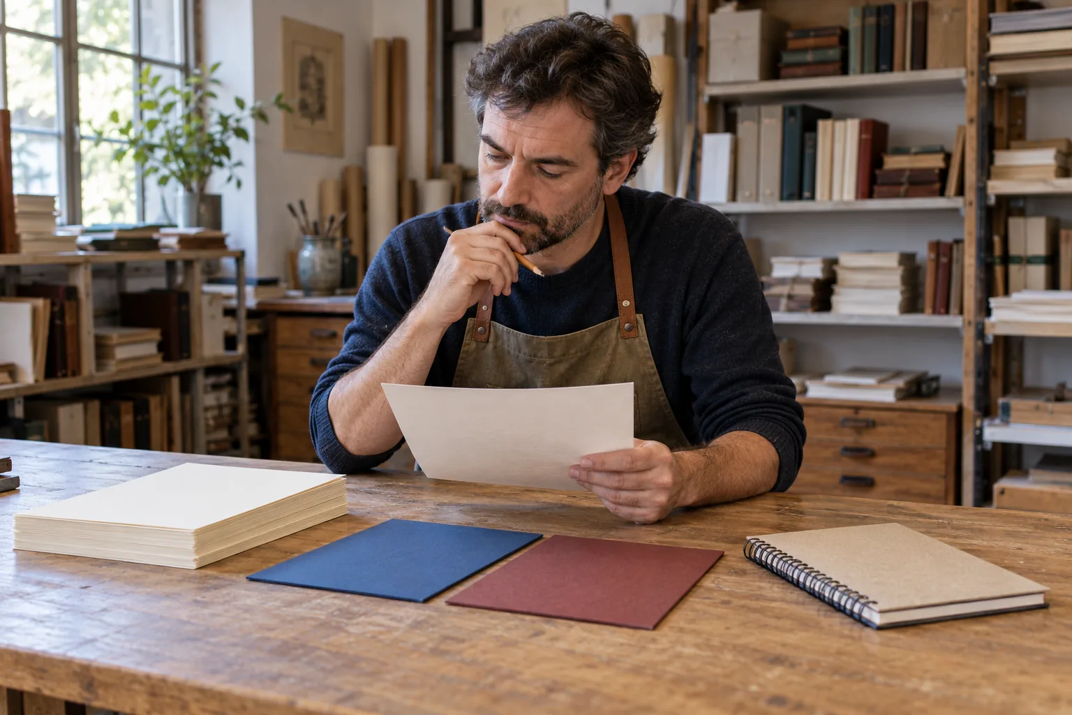 Encuadernador revisando una hoja junto a papel, dos tapas lisas y un cuaderno de espiral sobre una mesa