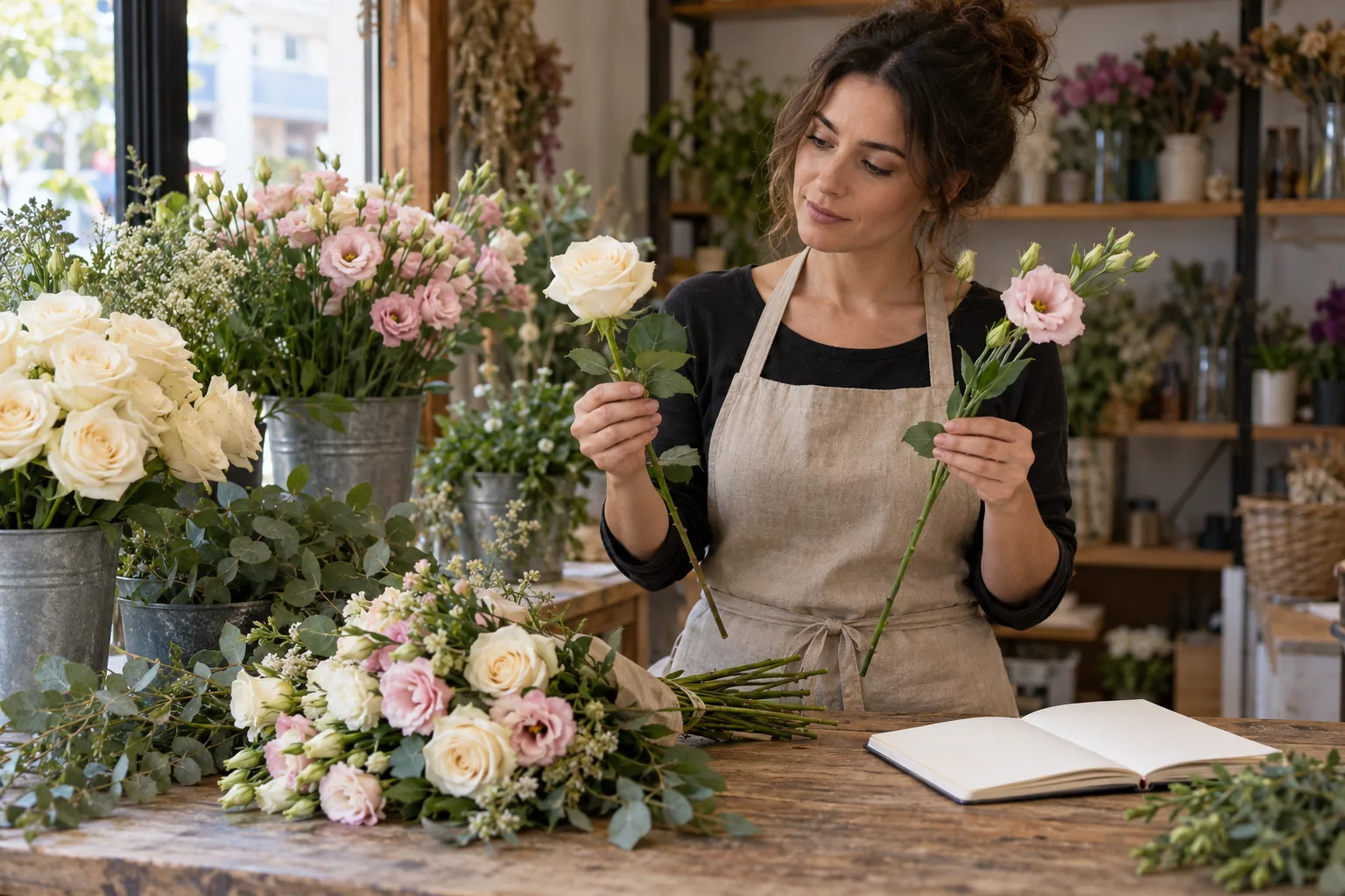 Florista ficticia compara una rosa crema y una flor rosa junto a un ramo y un cuaderno en su mesa de trabajo