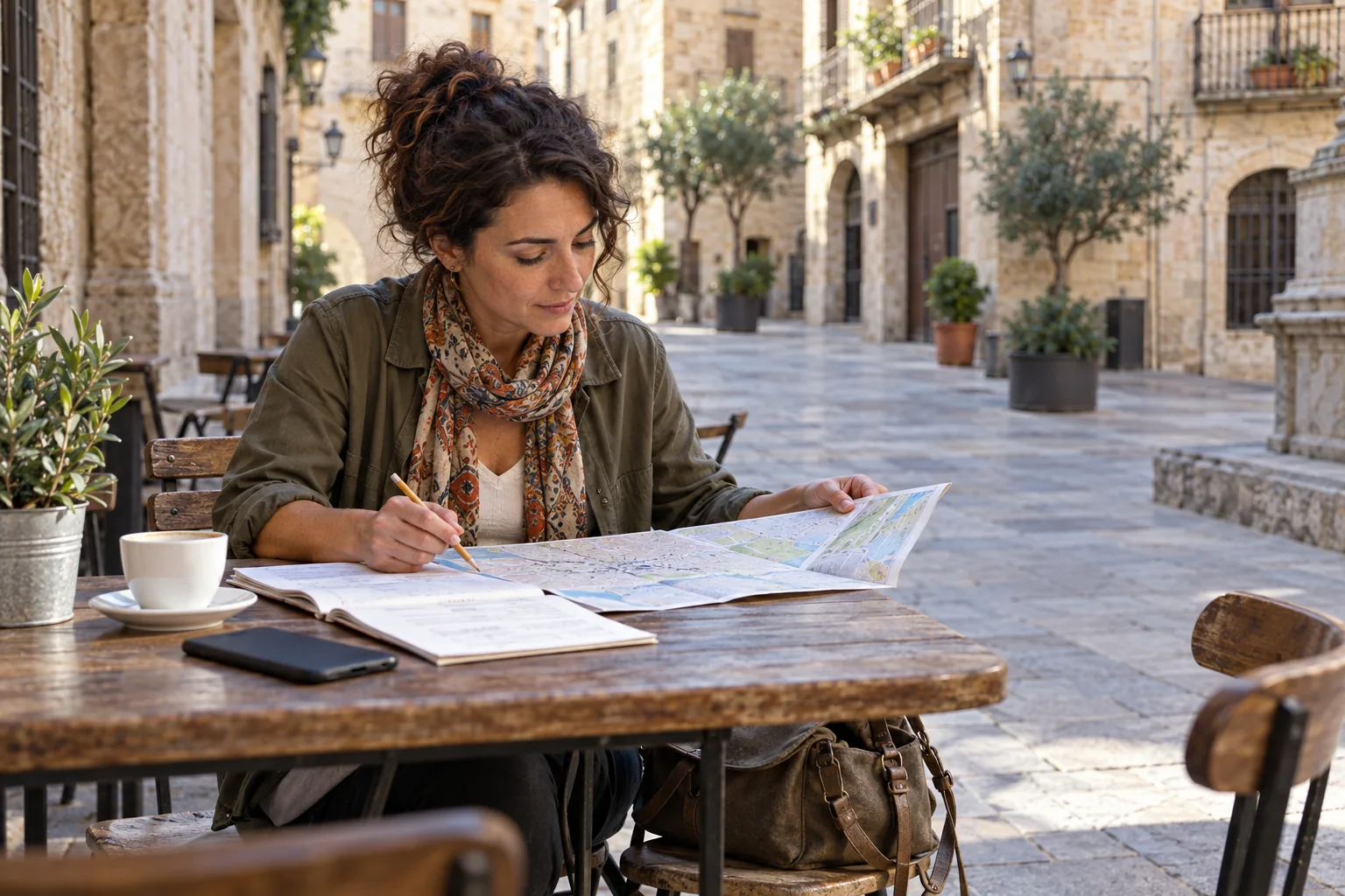 Guía turística revisando un mapa y notas de una visita en una mesa junto a una plaza