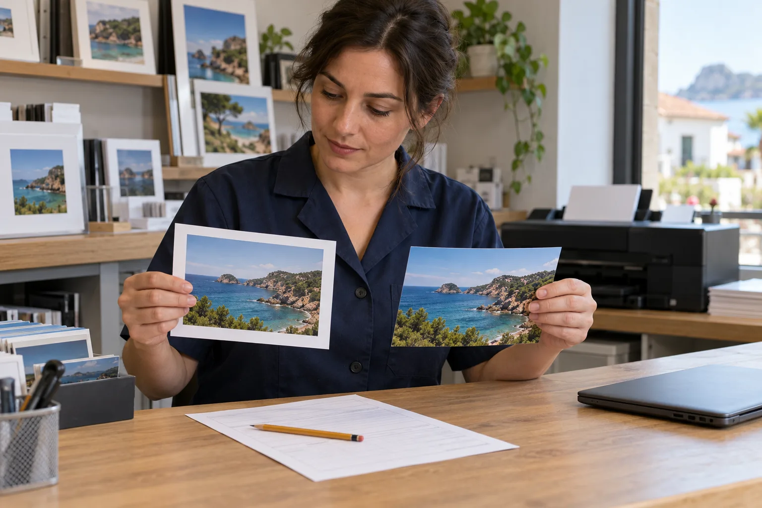 Operaria de laboratorio fotográfico comparando copias de un paisaje con y sin márgenes blancos