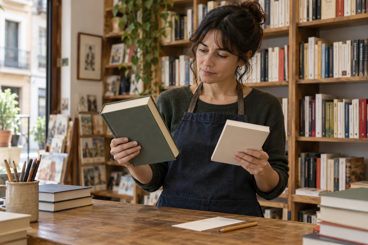Librera comparando un libro de tapa dura y otro de tapa blanda junto a una ficha en blanco sobre el mostrador