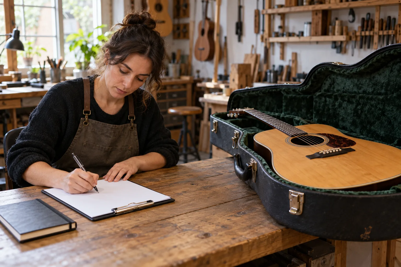 Lutier anotando una ficha junto a una guitarra acústica apoyada en su estuche abierto
