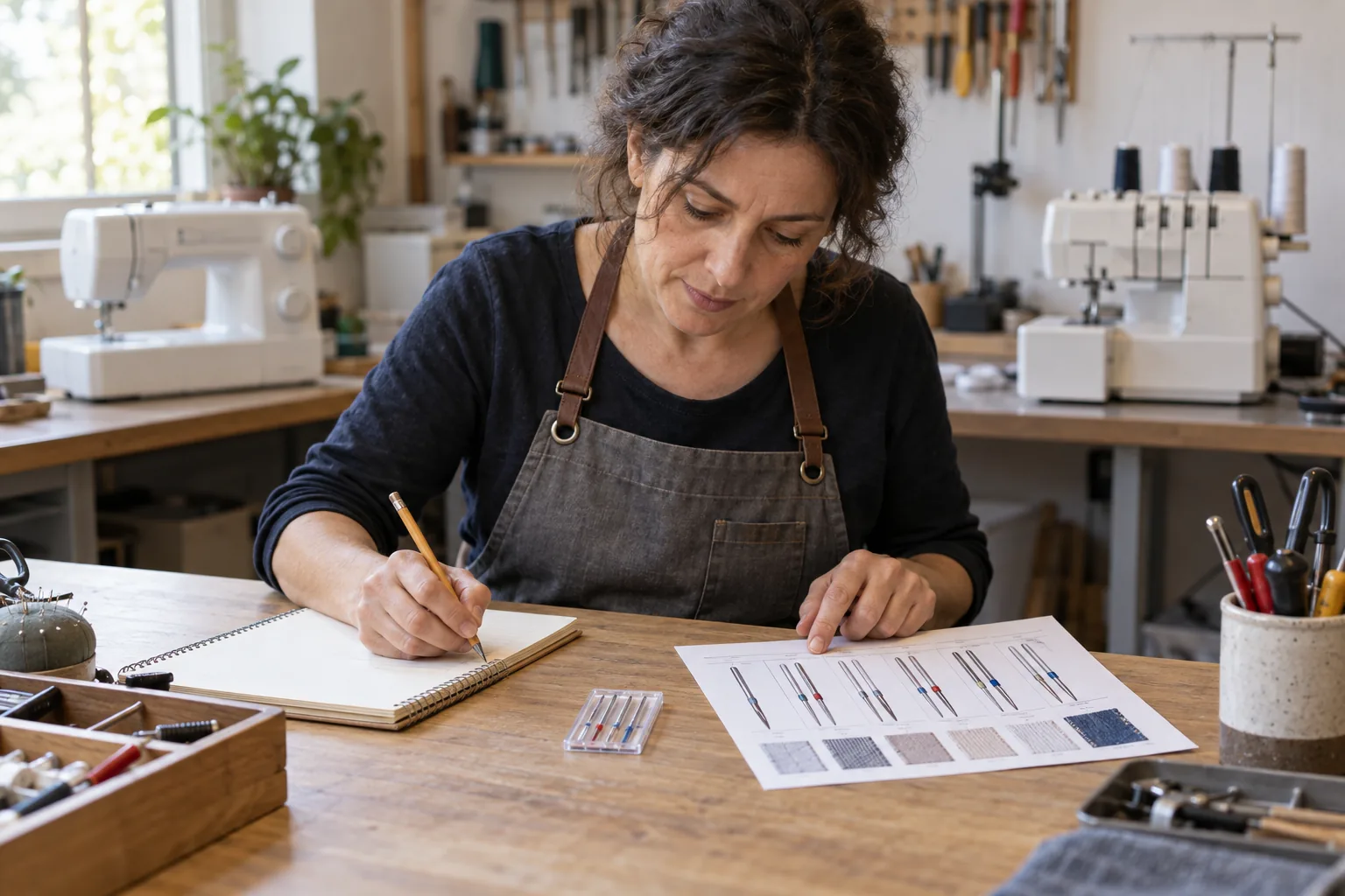 Profesional ficticia revisa una ficha y un estuche de agujas en un taller de máquinas de coser