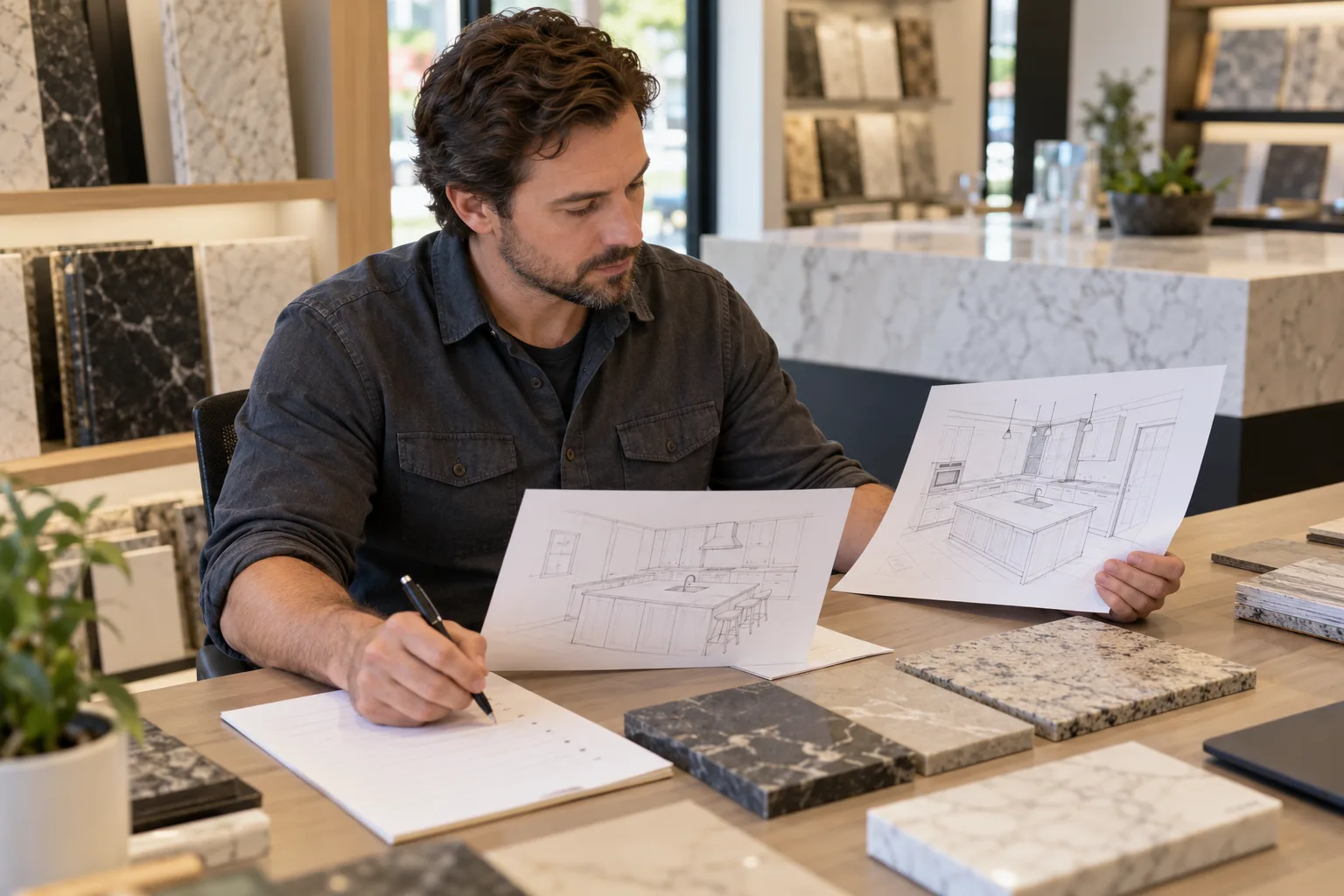 Fictional workshop estimator reviews illustrative kitchen sketches beside stone samples