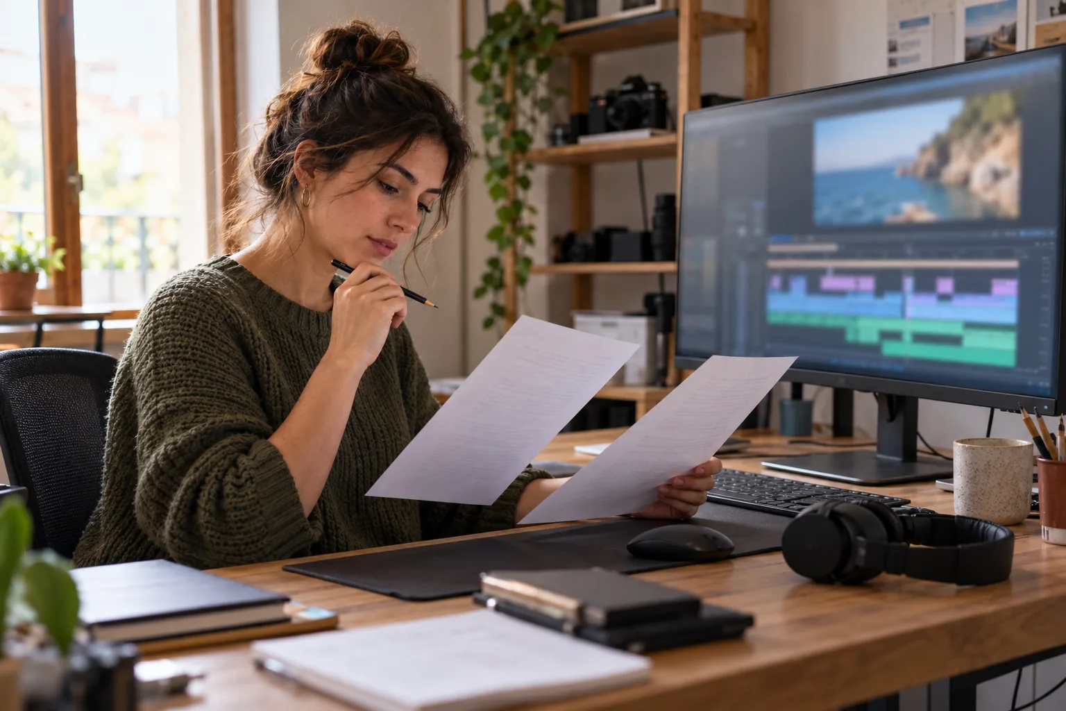 Montadora de vídeo revisando hojas de comentarios junto a un monitor de edición