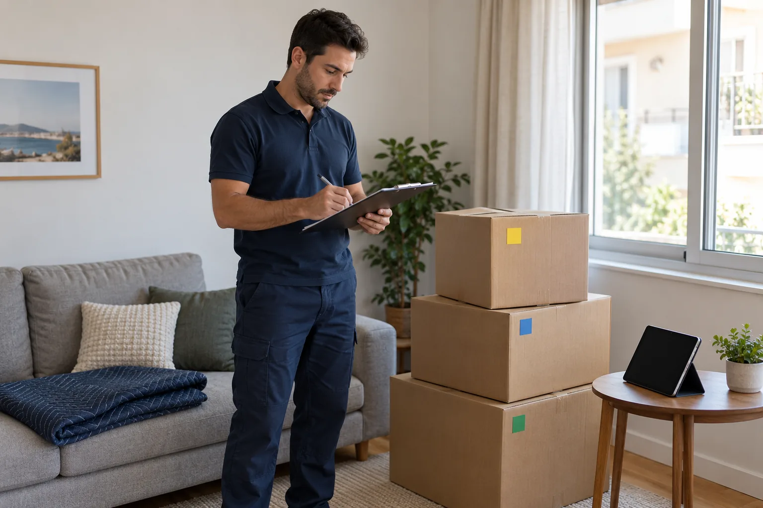 Profesional de mudanzas anotando un inventario junto a un sofá y cajas en una vivienda
