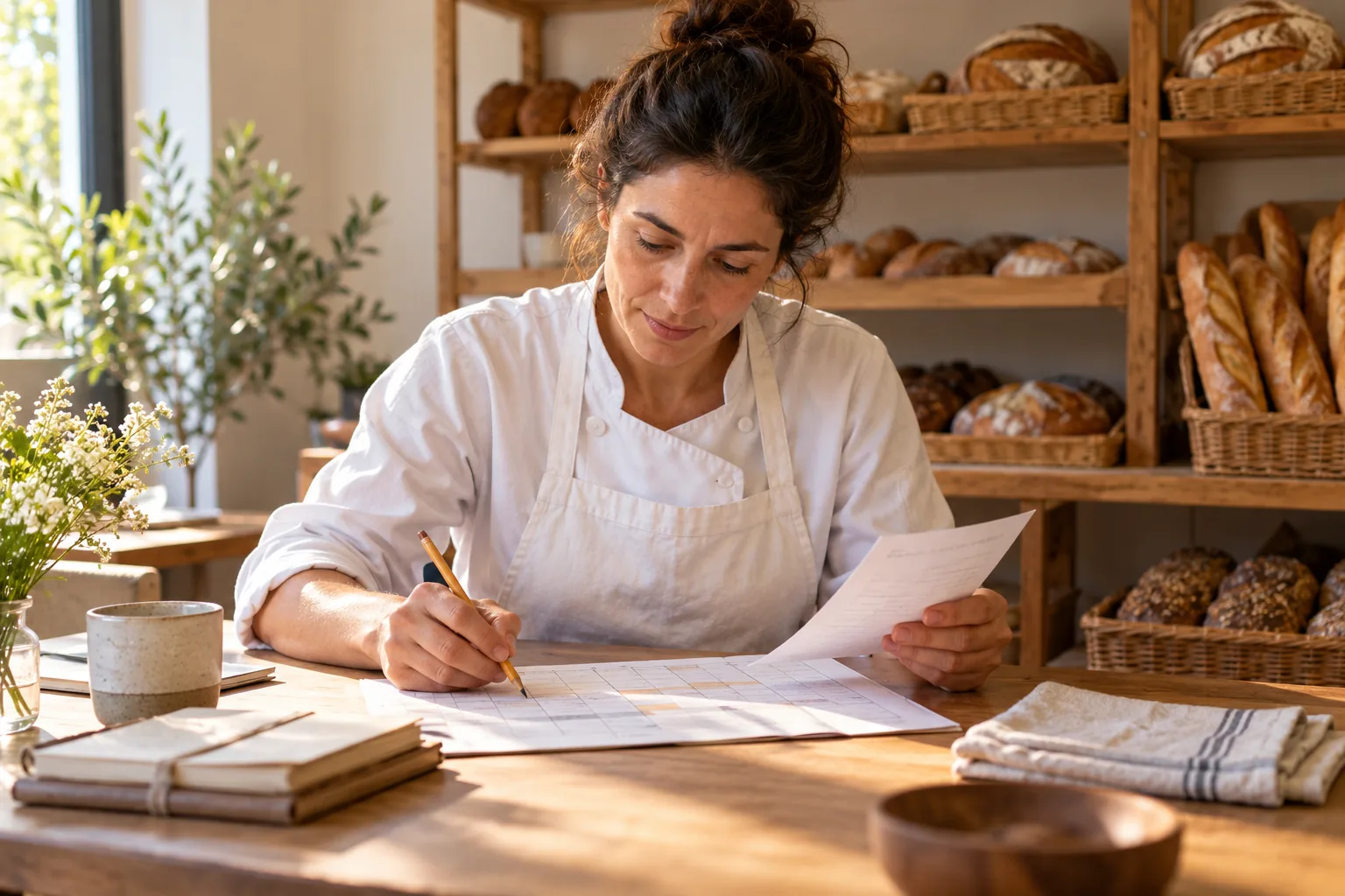 Panadera comparando un calendario semanal de pedidos con una nota en una mesa separada de la preparación de alimentos