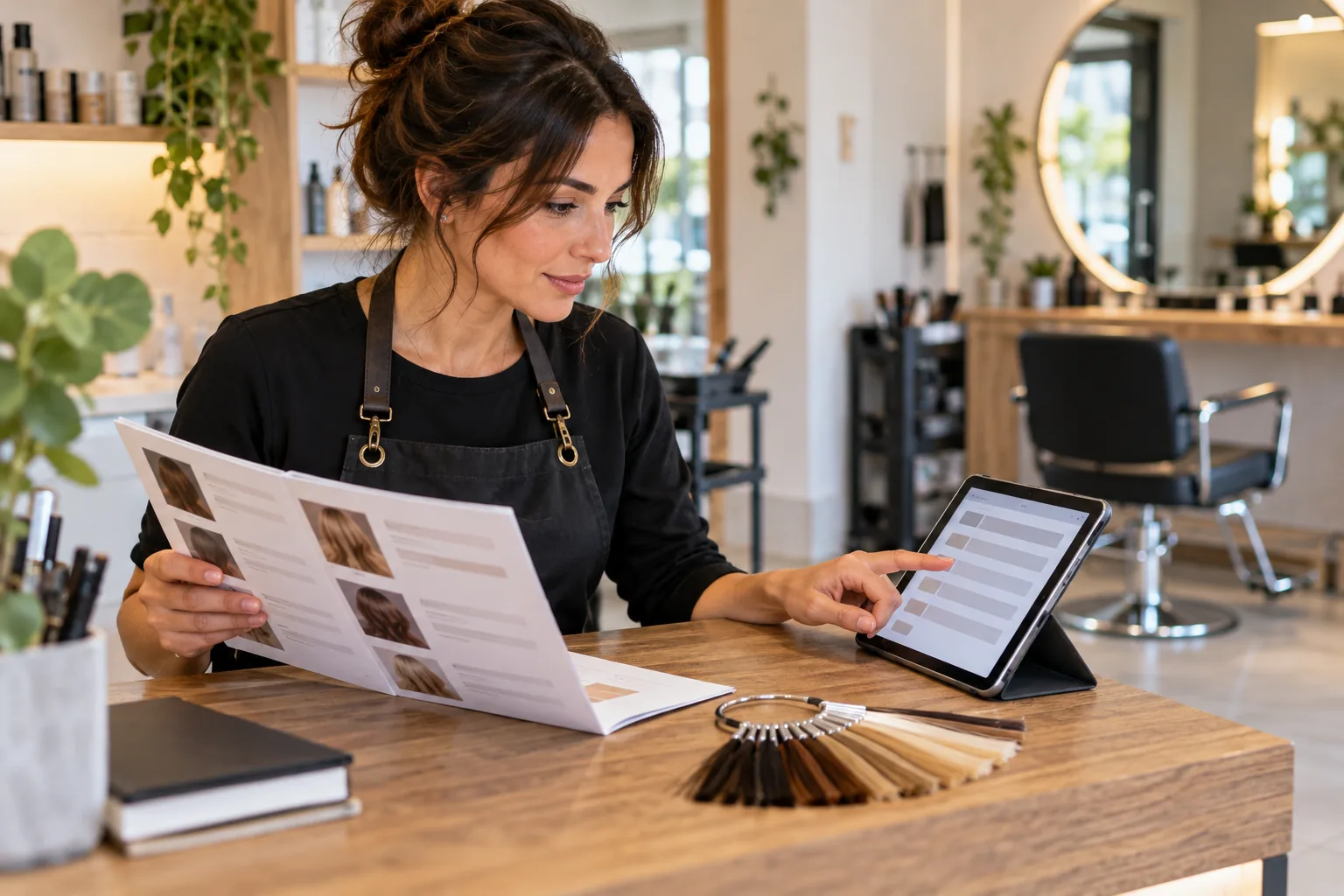 Peluquera revisando una carta de servicios y una tableta en el mostrador del salón