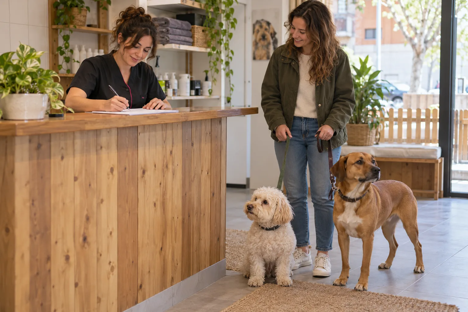 Peluquera canina anotando una ficha en recepción mientras una persona acompaña a dos perros diferentes con sus correas