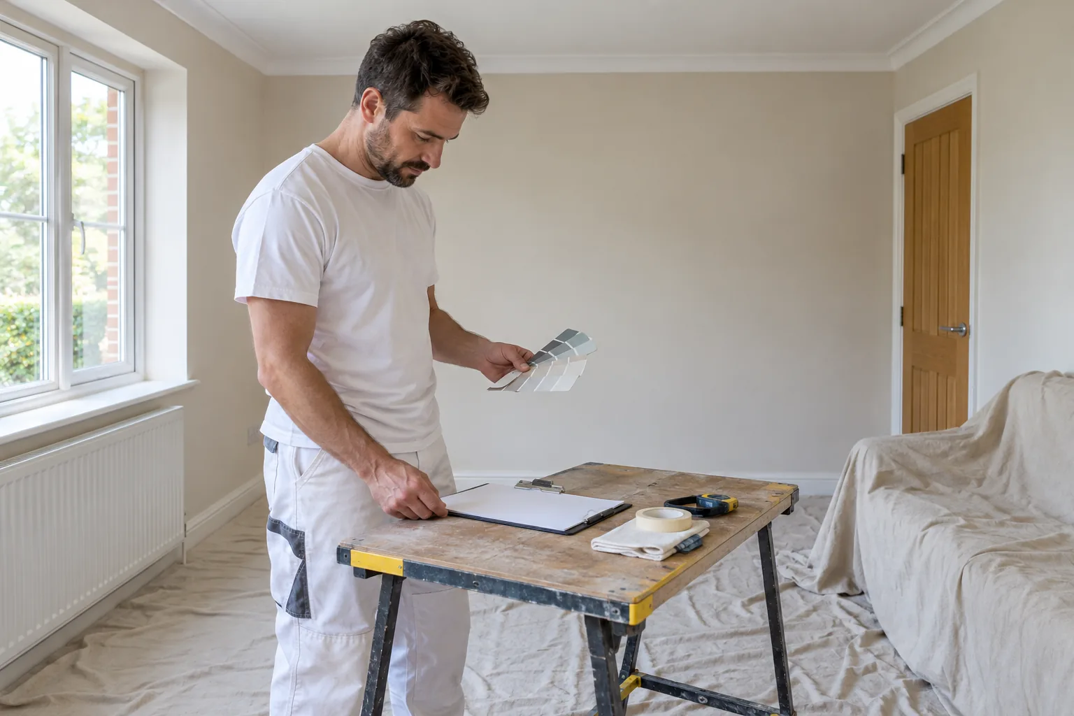 Pintor revisando una carta de colores y una ficha en blanco en un salón con muebles protegidos