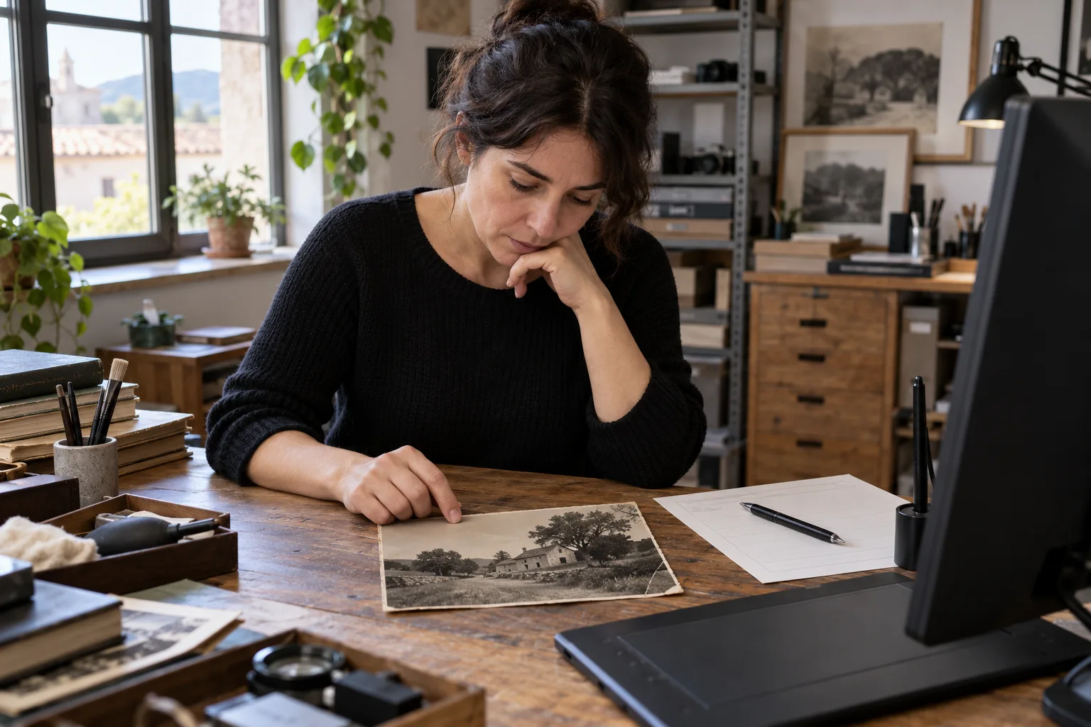 Profesional ficticia de retoque examina una fotografía de una casa rural junto a una ficha de encargo y una tableta gráfica