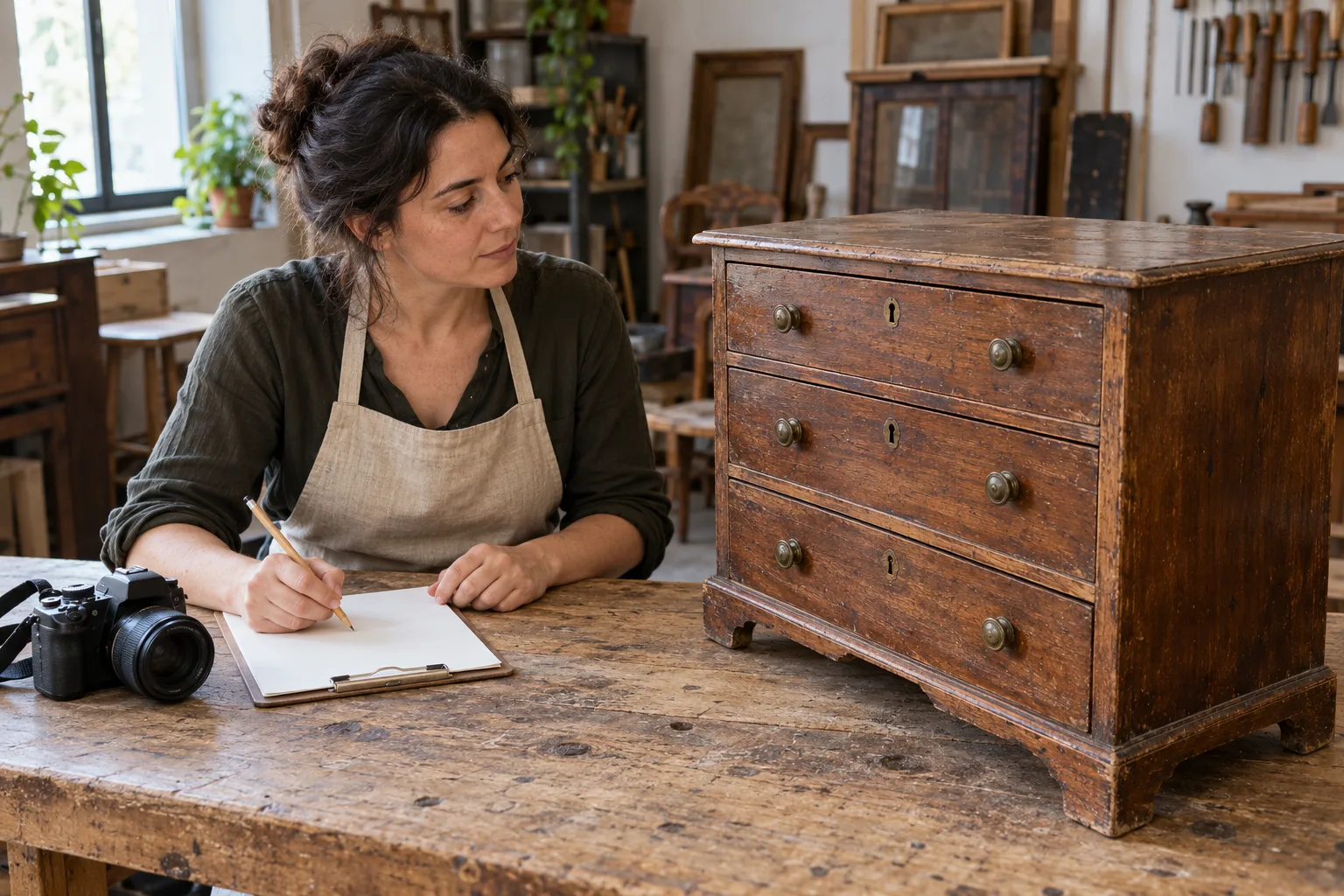 Restauradora anotando una ficha junto a una cómoda de madera con desgaste visible y una cámara sobre la mesa