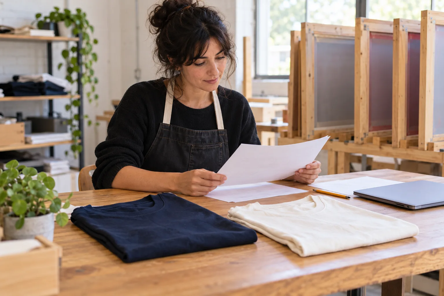 Serígrafa revisando hojas de pedido junto a camisetas lisas azul marino y natural