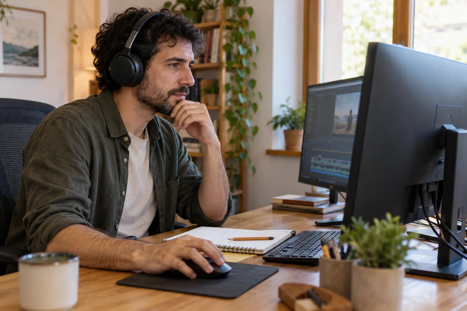 Subtitulador con auriculares revisando una pantalla junto a un cuaderno en una mesa de trabajo