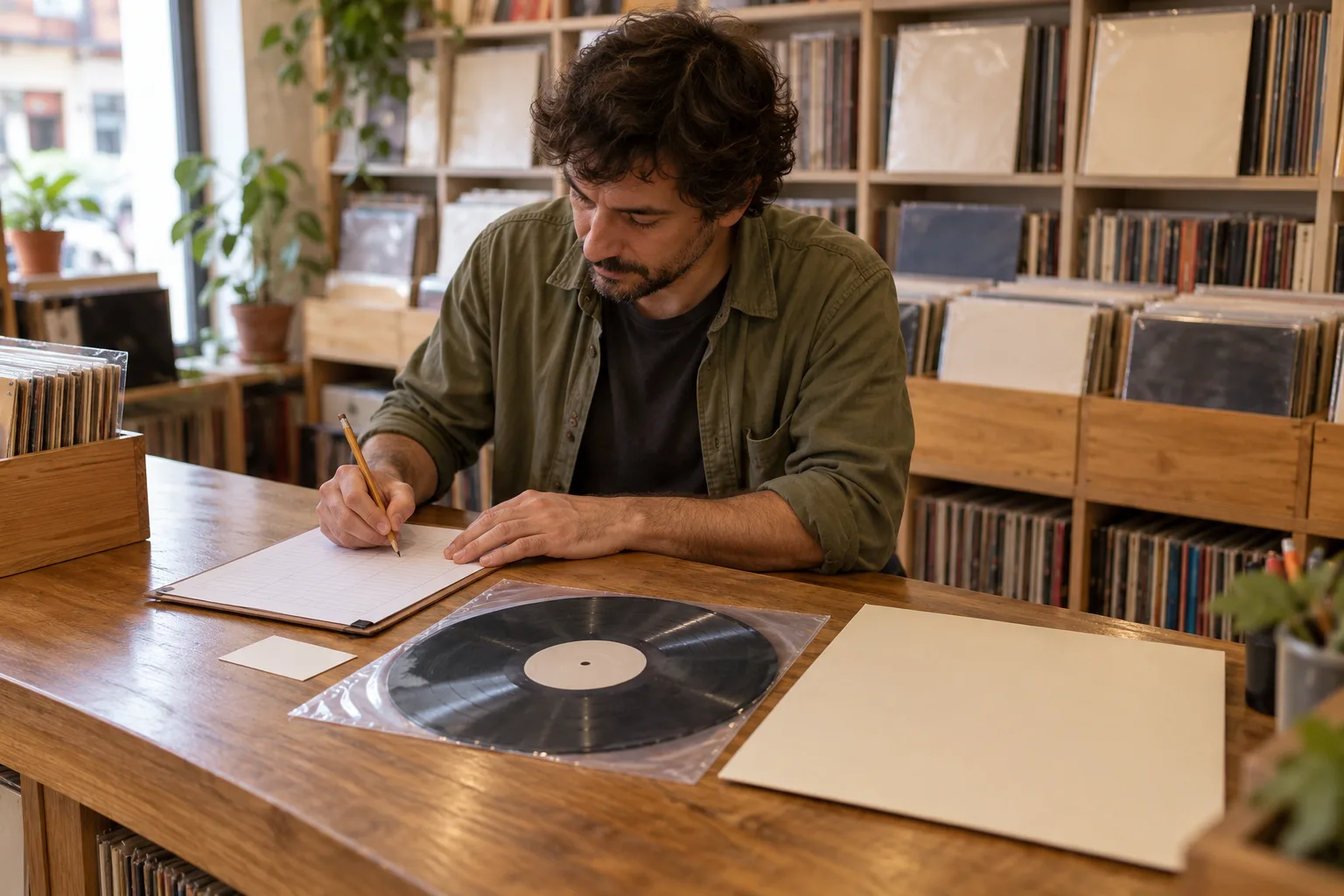 Tendero ficticio prepara una ficha en papel junto a un vinilo protegido y una funda sin imprimir