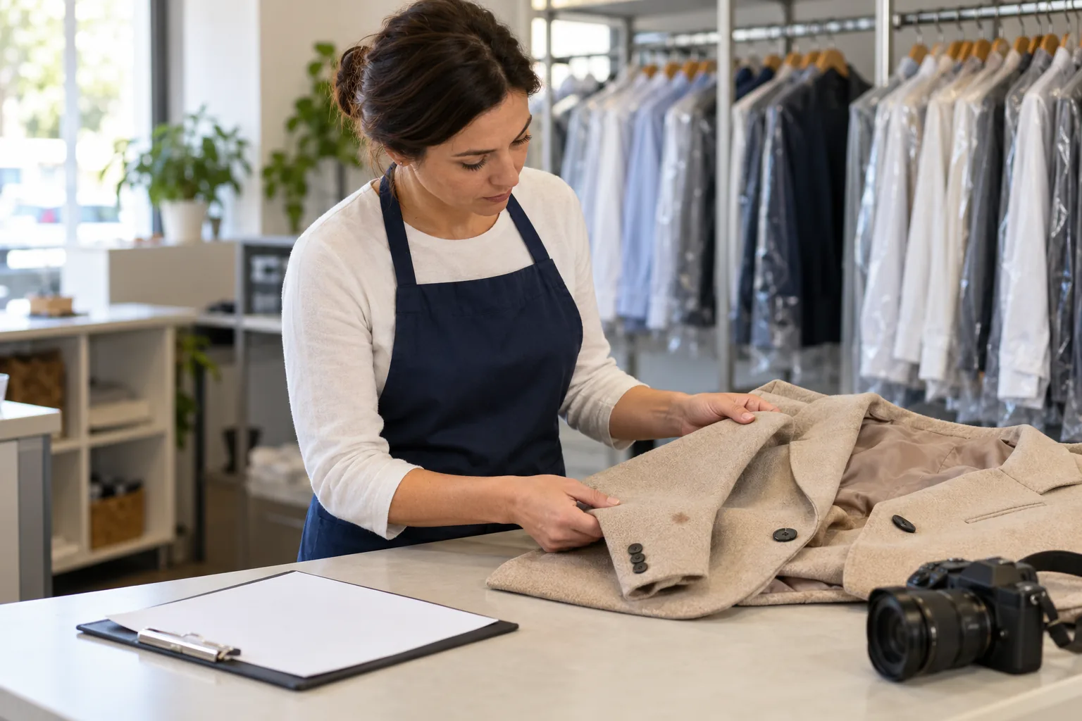 Profesional de tintorería revisando una marca en el puño de una chaqueta beige sobre el mostrador