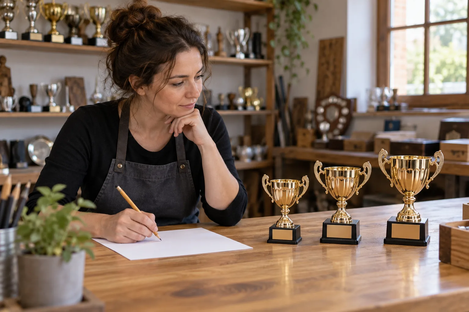 Profesional revisando una hoja junto a tres copas con placas sin grabar en un taller de trofeos