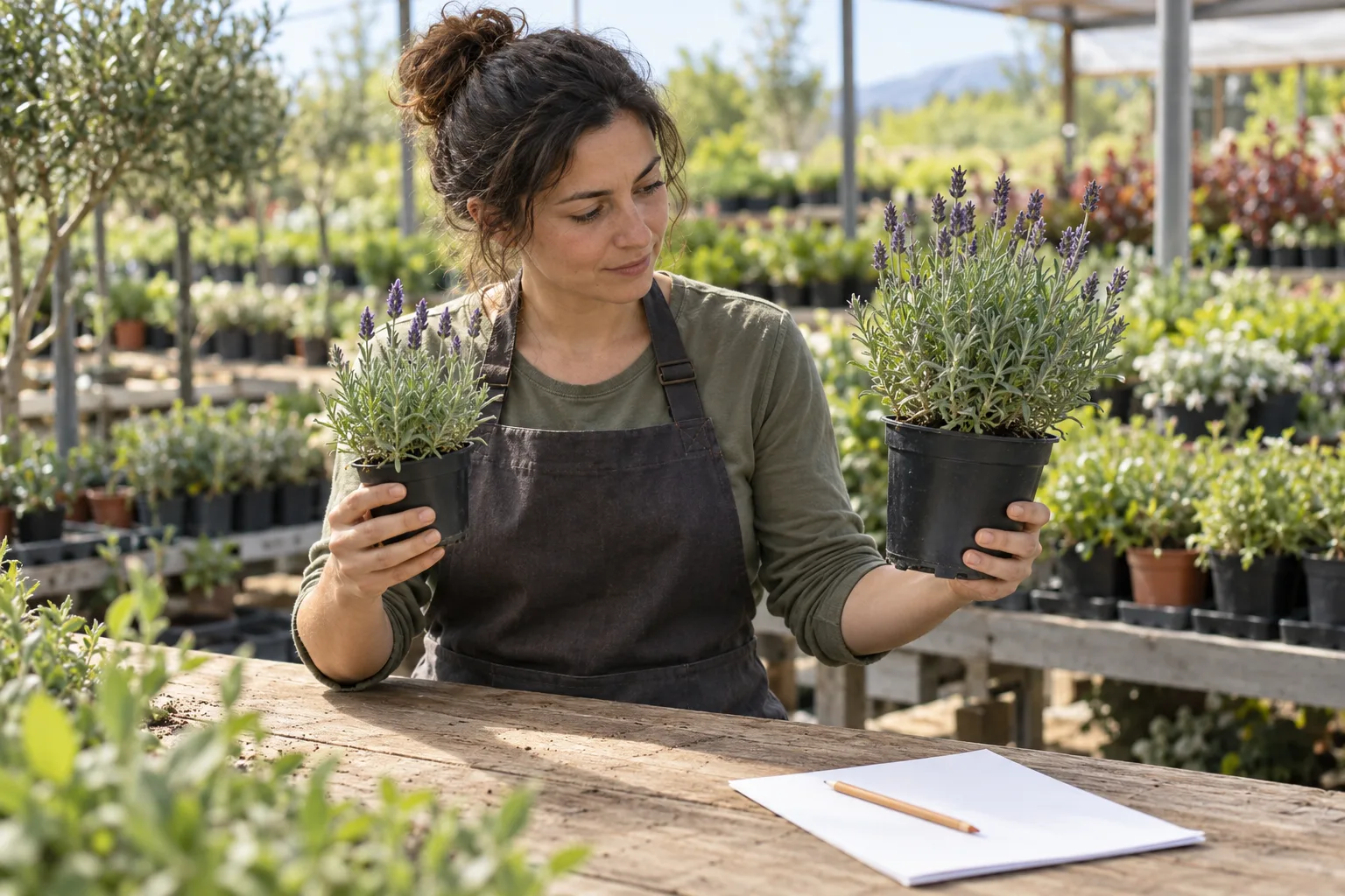 Trabajador de vivero comparando dos plantas de lavanda en macetas de distinto tamaño junto a una hoja de pedido