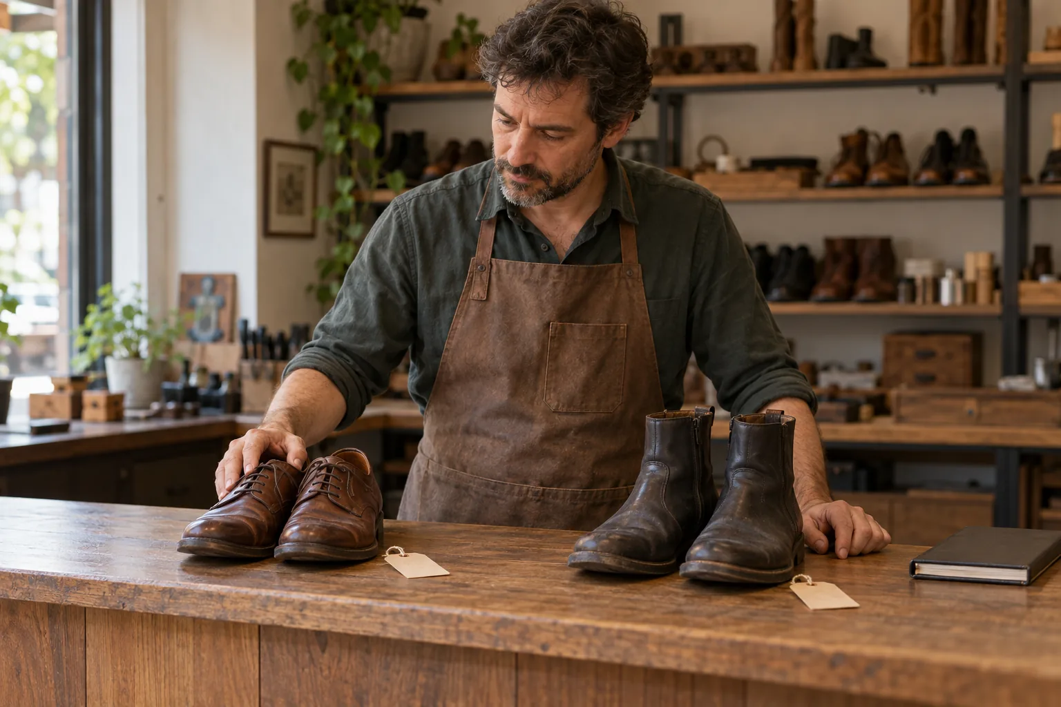 Zapatero revisando un par de zapatos marrones y otro de botines sobre el mostrador, con etiquetas en blanco