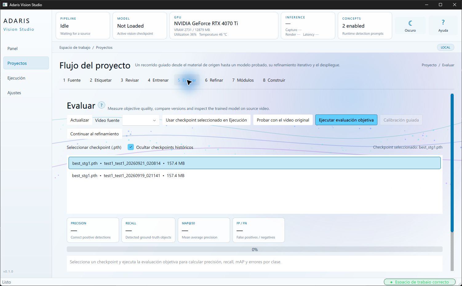 Pantalla de Adaris Vision Studio comparando resultados de detección