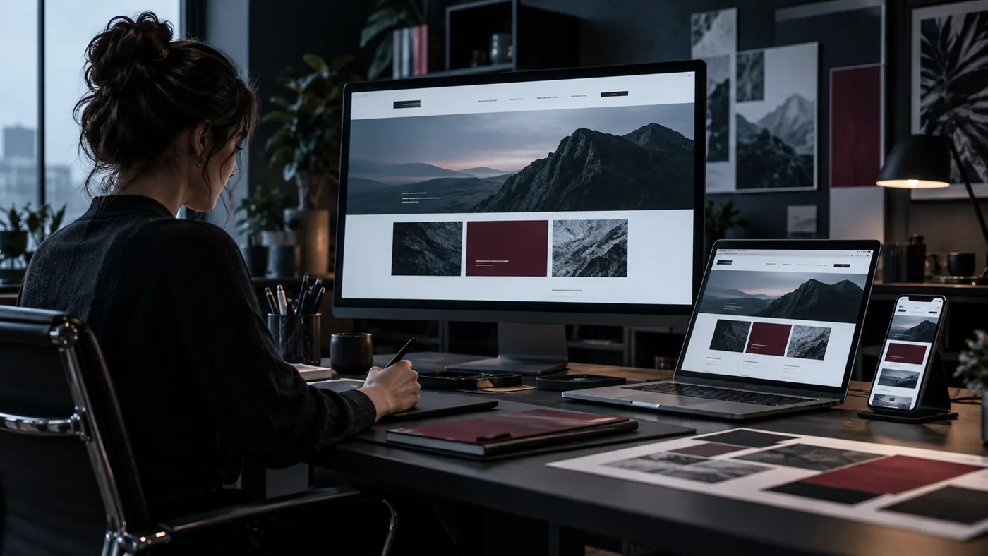 Diseñadora revisando una web empresarial en ordenador, portátil y móvil