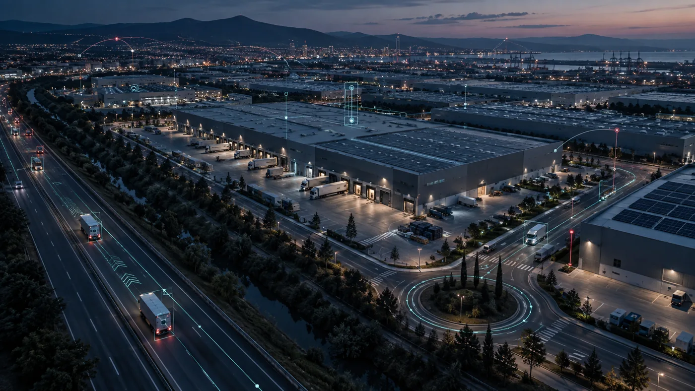Vista aérea de una zona industrial y logística con una capa sutil de datos operativos